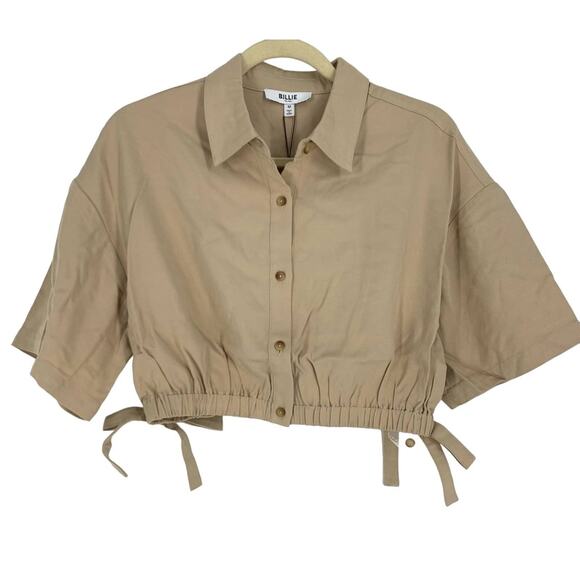 Billie The Label Tops - Billie the Label Imogene Crop Top Linen Blend Khaki Medium Collar Button Tencel